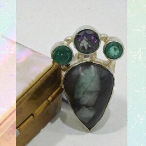 Sterling Silver Artisan Ring Nephrite Spinel &Crystal 925